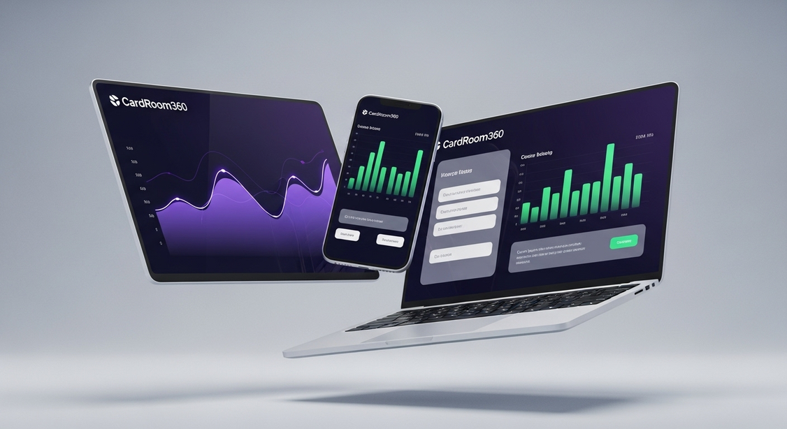 Cardroom360 dashboard showing real-time card room operations across desktop and mobile